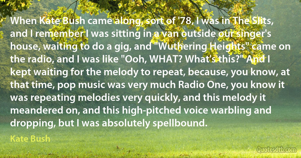 When Kate Bush came along, sort of '78, I was in The Slits, and I remember I was sitting in a van outside our singer's house, waiting to do a gig, and "Wuthering Heights" came on the radio, and I was like "Ooh, WHAT? What's this?" And I kept waiting for the melody to repeat, because, you know, at that time, pop music was very much Radio One, you know it was repeating melodies very quickly, and this melody it meandered on, and this high-pitched voice warbling and dropping, but I was absolutely spellbound. (Kate Bush)