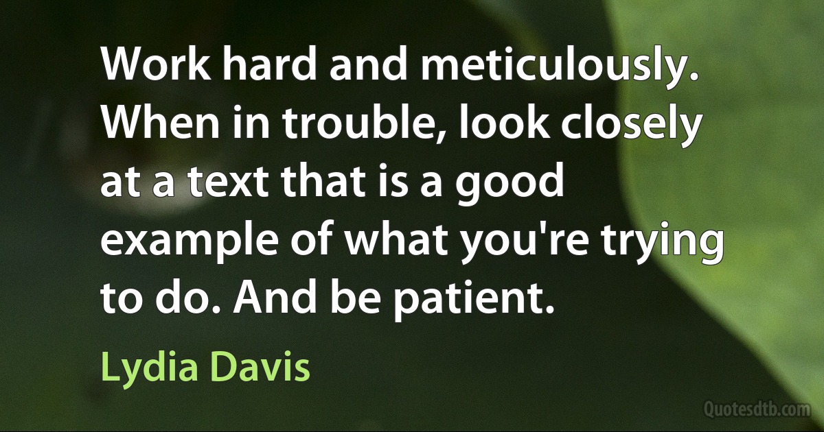 Work hard and meticulously. When in trouble, look closely at a text that is a good example of what you're trying to do. And be patient. (Lydia Davis)