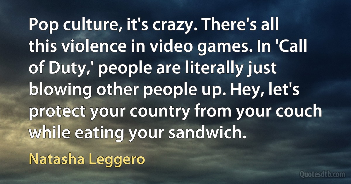 Pop culture, it's crazy. There's all this violence in video games. In 'Call of Duty,' people are literally just blowing other people up. Hey, let's protect your country from your couch while eating your sandwich. (Natasha Leggero)