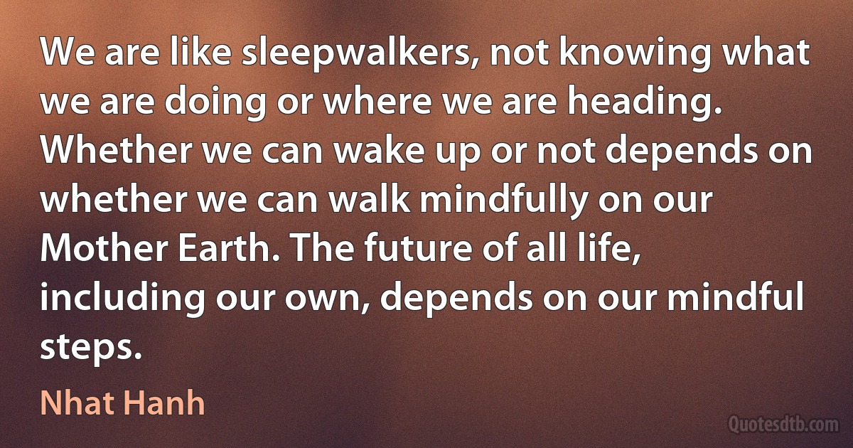 We are like sleepwalkers, not knowing what we are doing or where we are heading. Whether we can wake up or not depends on whether we can walk mindfully on our Mother Earth. The future of all life, including our own, depends on our mindful steps. (Nhat Hanh)