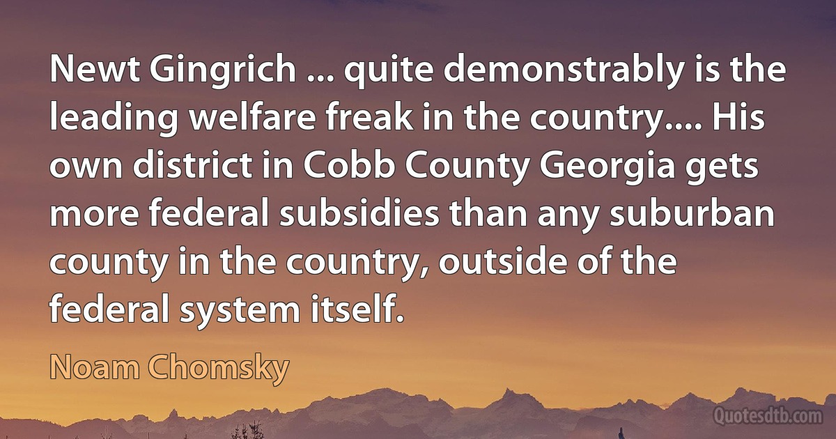 Newt Gingrich ... quite demonstrably is the leading welfare freak in the country.... His own district in Cobb County Georgia gets more federal subsidies than any suburban county in the country, outside of the federal system itself. (Noam Chomsky)