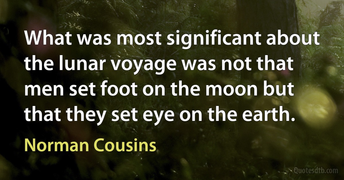 What was most significant about the lunar voyage was not that men set foot on the moon but that they set eye on the earth. (Norman Cousins)