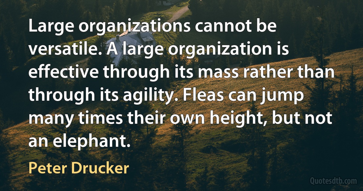 Large organizations cannot be versatile. A large organization is effective through its mass rather than through its agility. Fleas can jump many times their own height, but not an elephant. (Peter Drucker)