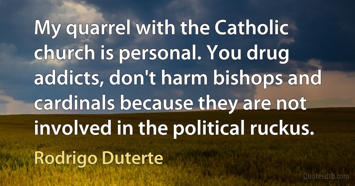 My quarrel with the Catholic church is personal. You drug addicts, don't harm bishops and cardinals because they are not involved in the political ruckus. (Rodrigo Duterte)