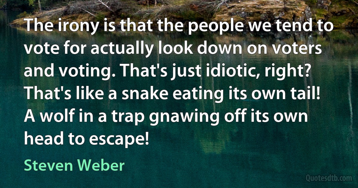 The irony is that the people we tend to vote for actually look down on voters and voting. That's just idiotic, right? That's like a snake eating its own tail! A wolf in a trap gnawing off its own head to escape! (Steven Weber)