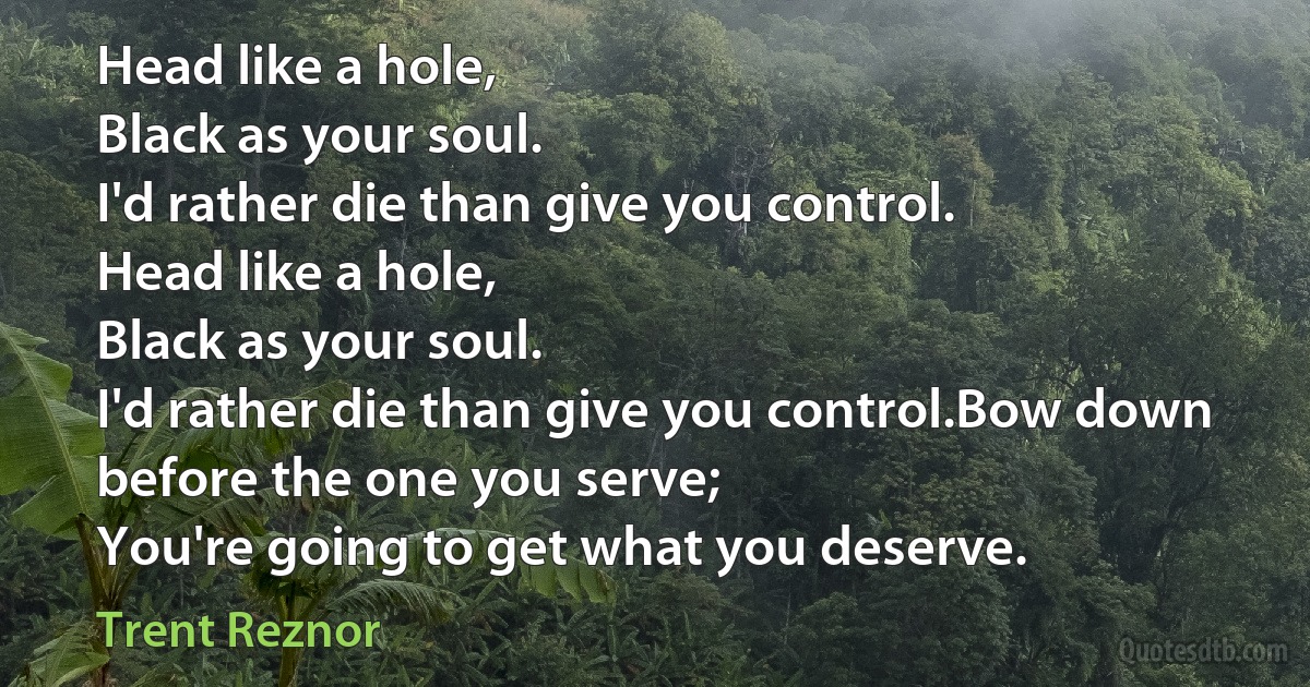 Head like a hole,
Black as your soul.
I'd rather die than give you control.
Head like a hole,
Black as your soul.
I'd rather die than give you control.Bow down before the one you serve;
You're going to get what you deserve. (Trent Reznor)