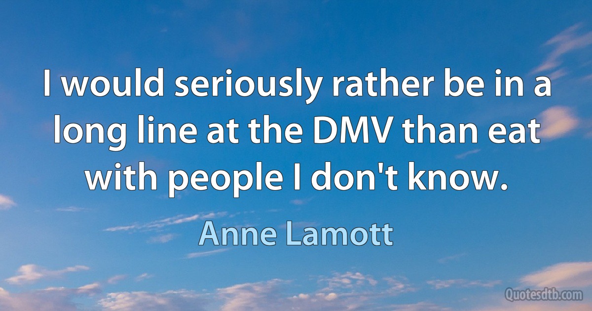 I would seriously rather be in a long line at the DMV than eat with people I don't know. (Anne Lamott)