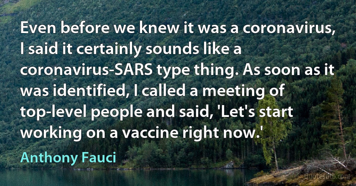 Even before we knew it was a coronavirus, I said it certainly sounds like a coronavirus-SARS type thing. As soon as it was identified, I called a meeting of top-level people and said, 'Let's start working on a vaccine right now.' (Anthony Fauci)