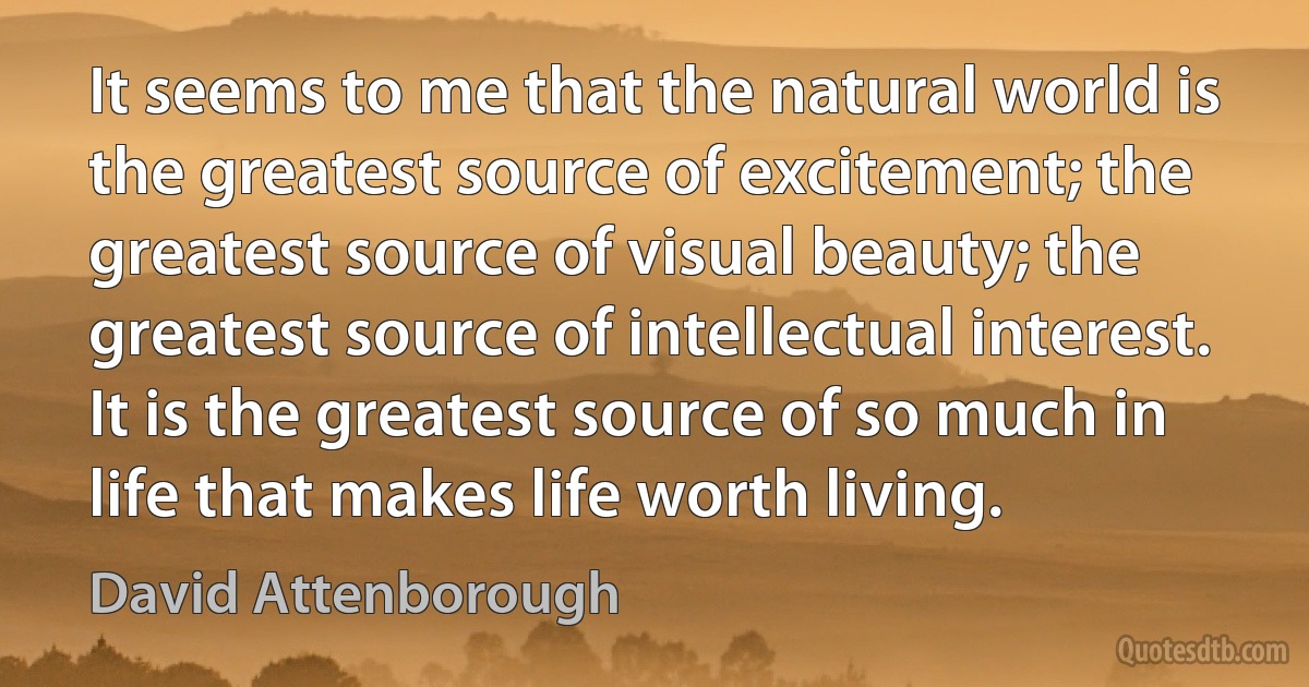 It seems to me that the natural world is the greatest source of excitement; the greatest source of visual beauty; the greatest source of intellectual interest. It is the greatest source of so much in life that makes life worth living. (David Attenborough)