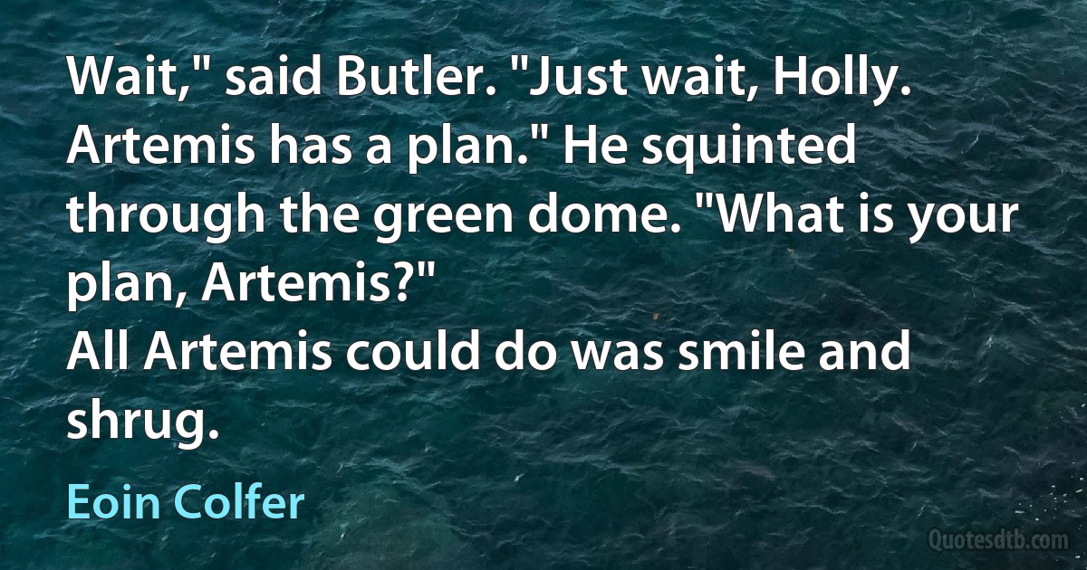 Wait," said Butler. "Just wait, Holly. Artemis has a plan." He squinted through the green dome. "What is your plan, Artemis?"
All Artemis could do was smile and shrug. (Eoin Colfer)