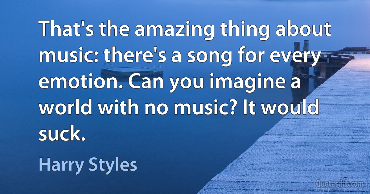 That's the amazing thing about music: there's a song for every emotion. Can you imagine a world with no music? It would suck. (Harry Styles)