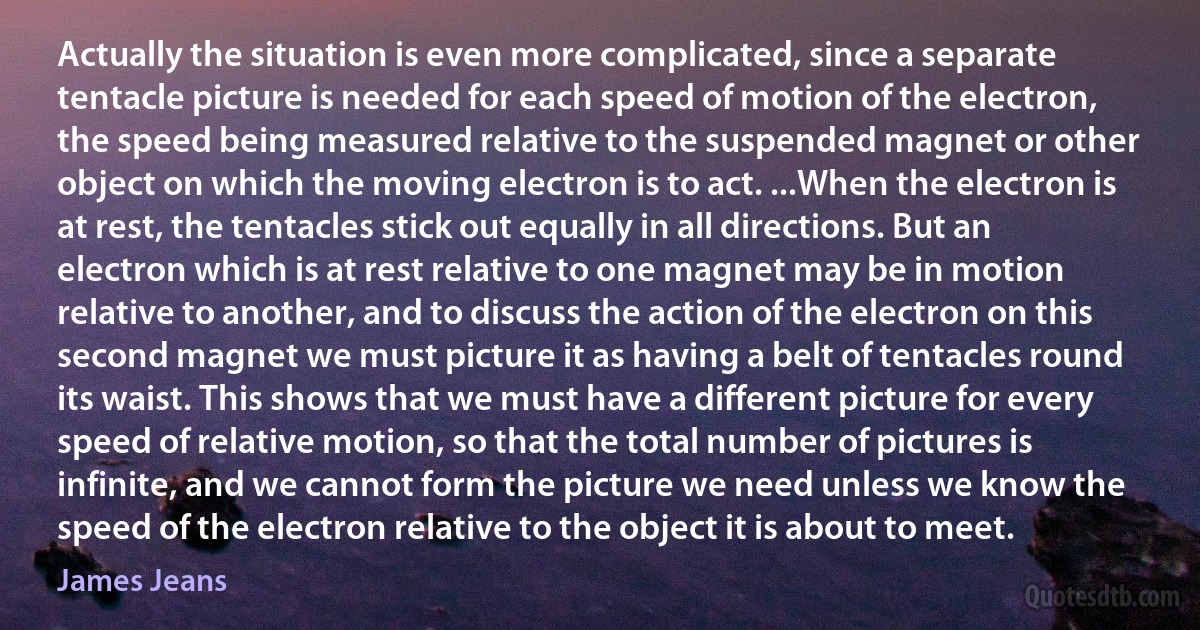 Actually the situation is even more complicated, since a separate tentacle picture is needed for each speed of motion of the electron, the speed being measured relative to the suspended magnet or other object on which the moving electron is to act. ...When the electron is at rest, the tentacles stick out equally in all directions. But an electron which is at rest relative to one magnet may be in motion relative to another, and to discuss the action of the electron on this second magnet we must picture it as having a belt of tentacles round its waist. This shows that we must have a different picture for every speed of relative motion, so that the total number of pictures is infinite, and we cannot form the picture we need unless we know the speed of the electron relative to the object it is about to meet. (James Jeans)