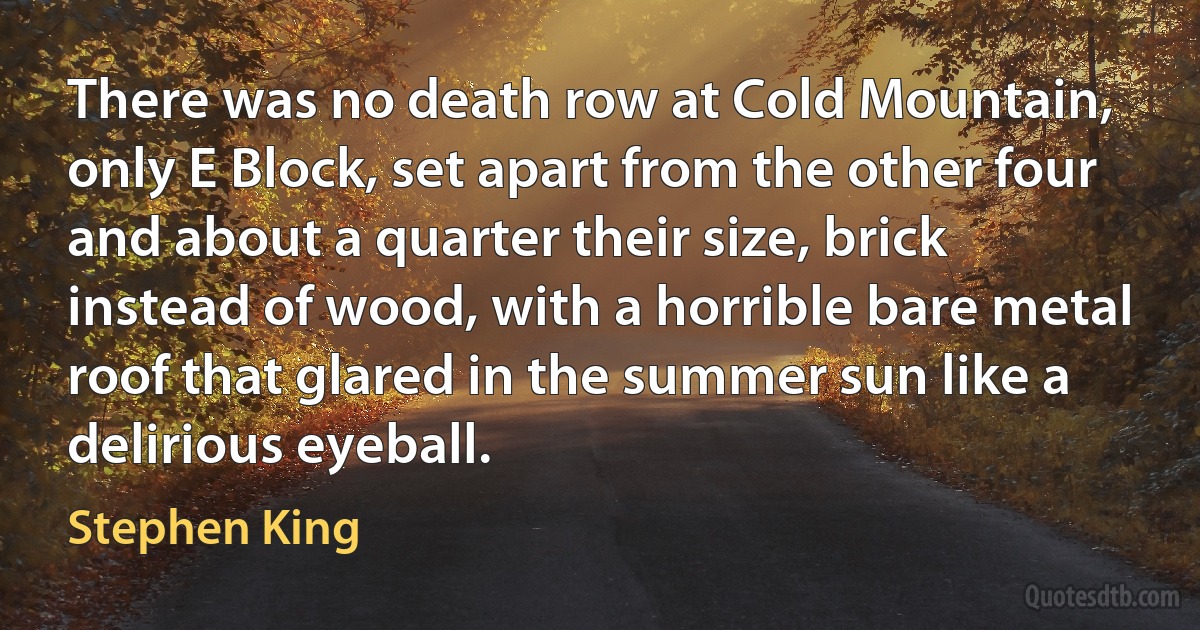 There was no death row at Cold Mountain, only E Block, set apart from the other four and about a quarter their size, brick instead of wood, with a horrible bare metal roof that glared in the summer sun like a delirious eyeball. (Stephen King)