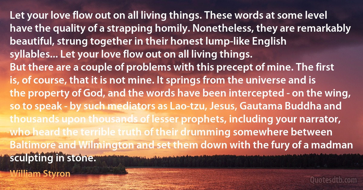 Let your love flow out on all living things. These words at some level have the quality of a strapping homily. Nonetheless, they are remarkably beautiful, strung together in their honest lump-like English syllables... Let your love flow out on all living things.
But there are a couple of problems with this precept of mine. The first is, of course, that it is not mine. It springs from the universe and is the property of God, and the words have been intercepted - on the wing, so to speak - by such mediators as Lao-tzu, Jesus, Gautama Buddha and thousands upon thousands of lesser prophets, including your narrator, who heard the terrible truth of their drumming somewhere between Baltimore and Wilmington and set them down with the fury of a madman sculpting in stone. (William Styron)