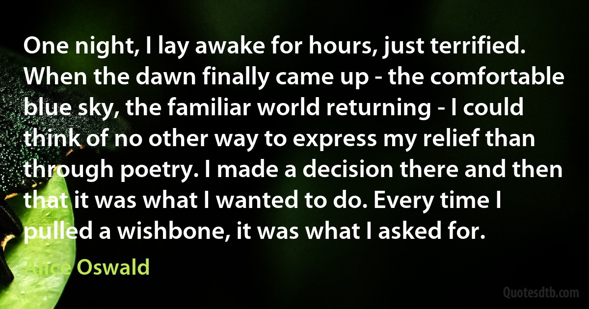 One night, I lay awake for hours, just terrified. When the dawn finally came up - the comfortable blue sky, the familiar world returning - I could think of no other way to express my relief than through poetry. I made a decision there and then that it was what I wanted to do. Every time I pulled a wishbone, it was what I asked for. (Alice Oswald)