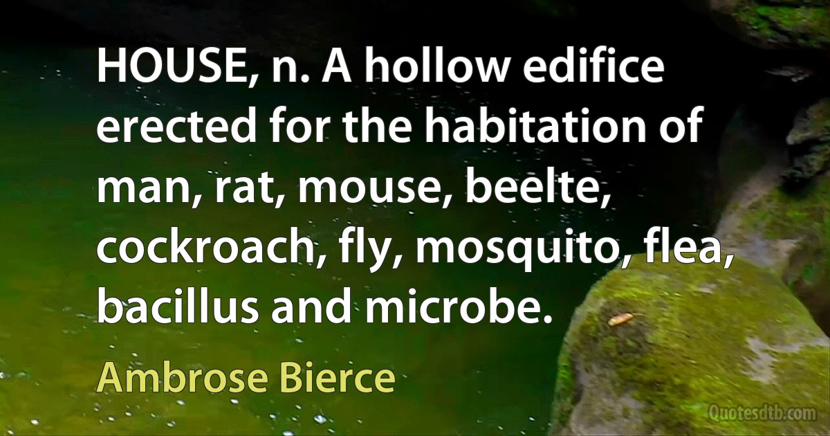 HOUSE, n. A hollow edifice erected for the habitation of man, rat, mouse, beelte, cockroach, fly, mosquito, flea, bacillus and microbe. (Ambrose Bierce)