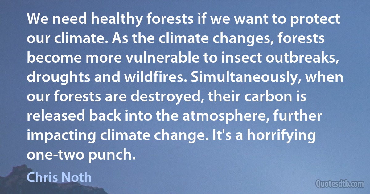 We need healthy forests if we want to protect our climate. As the climate changes, forests become more vulnerable to insect outbreaks, droughts and wildfires. Simultaneously, when our forests are destroyed, their carbon is released back into the atmosphere, further impacting climate change. It's a horrifying one-two punch. (Chris Noth)