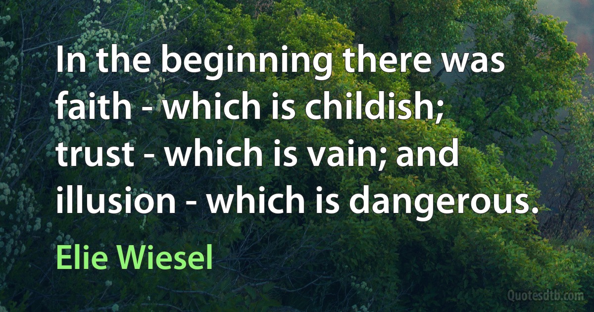 In the beginning there was faith - which is childish; trust - which is vain; and illusion - which is dangerous. (Elie Wiesel)