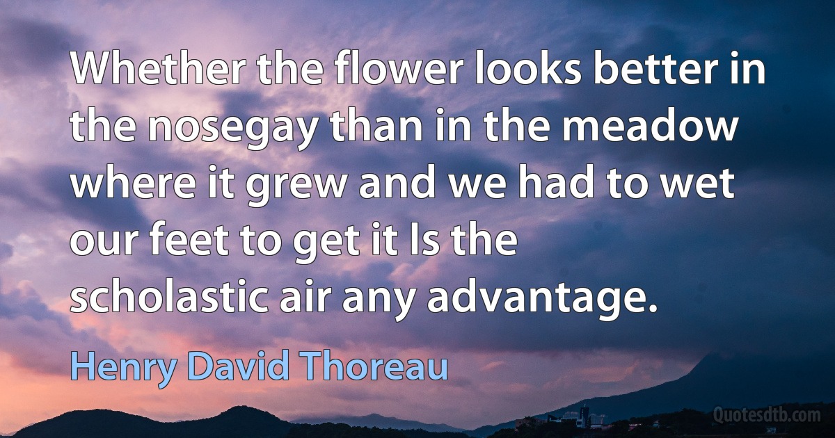 Whether the flower looks better in the nosegay than in the meadow where it grew and we had to wet our feet to get it Is the scholastic air any advantage. (Henry David Thoreau)