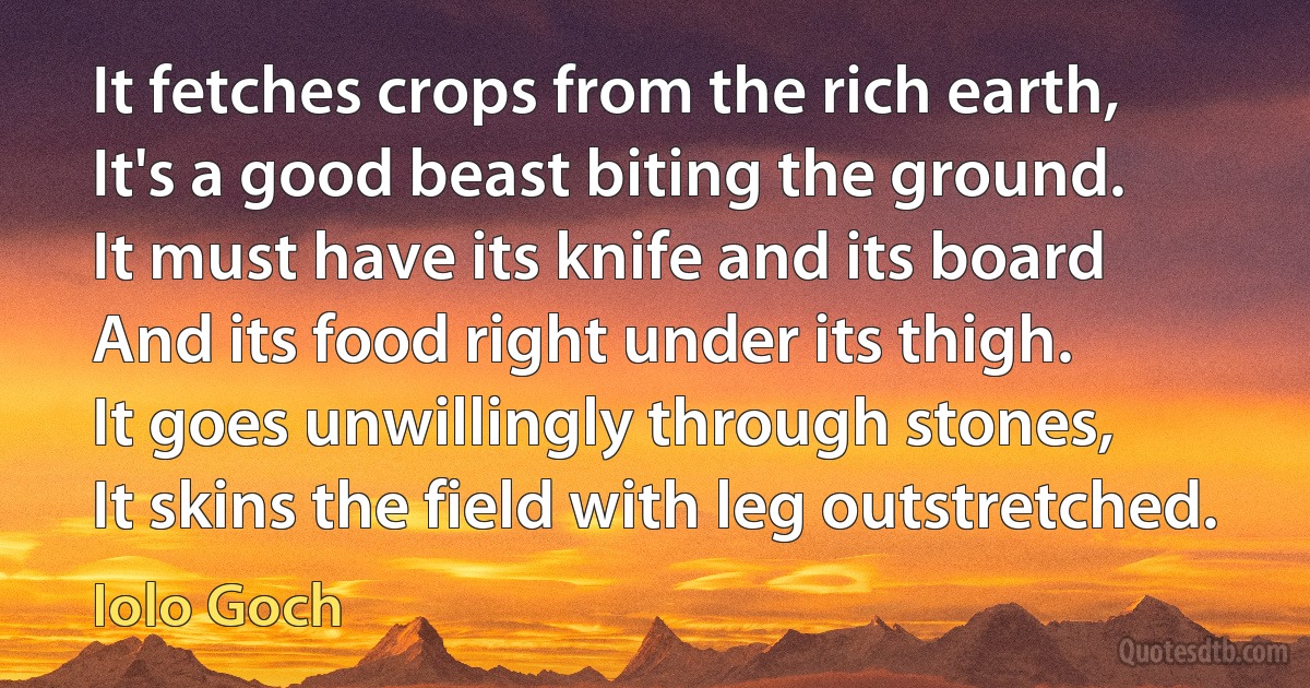 It fetches crops from the rich earth,
It's a good beast biting the ground.
It must have its knife and its board
And its food right under its thigh.
It goes unwillingly through stones,
It skins the field with leg outstretched. (Iolo Goch)