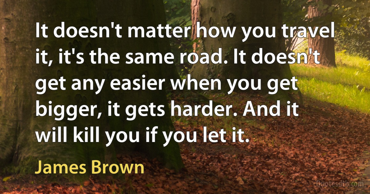 It doesn't matter how you travel it, it's the same road. It doesn't get any easier when you get bigger, it gets harder. And it will kill you if you let it. (James Brown)