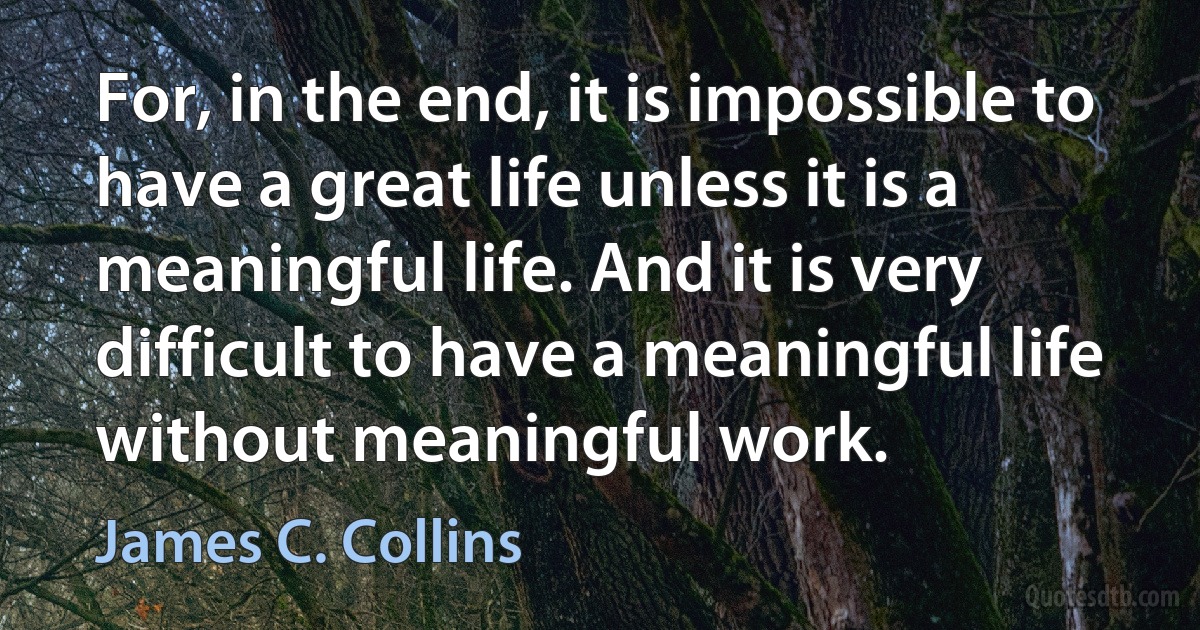 For, in the end, it is impossible to have a great life unless it is a meaningful life. And it is very difficult to have a meaningful life without meaningful work. (James C. Collins)