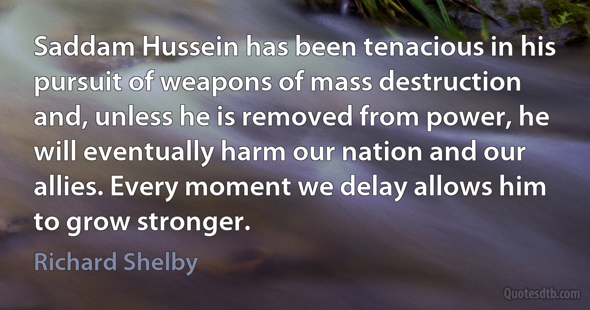 Saddam Hussein has been tenacious in his pursuit of weapons of mass destruction and, unless he is removed from power, he will eventually harm our nation and our allies. Every moment we delay allows him to grow stronger. (Richard Shelby)