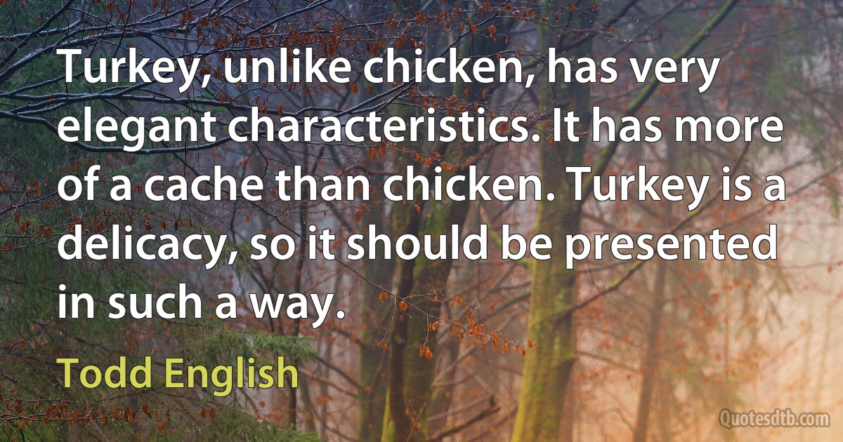 Turkey, unlike chicken, has very elegant characteristics. It has more of a cache than chicken. Turkey is a delicacy, so it should be presented in such a way. (Todd English)