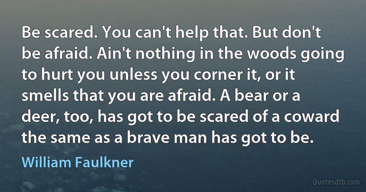 Be scared. You can't help that. But don't be afraid. Ain't nothing in the woods going to hurt you unless you corner it, or it smells that you are afraid. A bear or a deer, too, has got to be scared of a coward the same as a brave man has got to be. (William Faulkner)