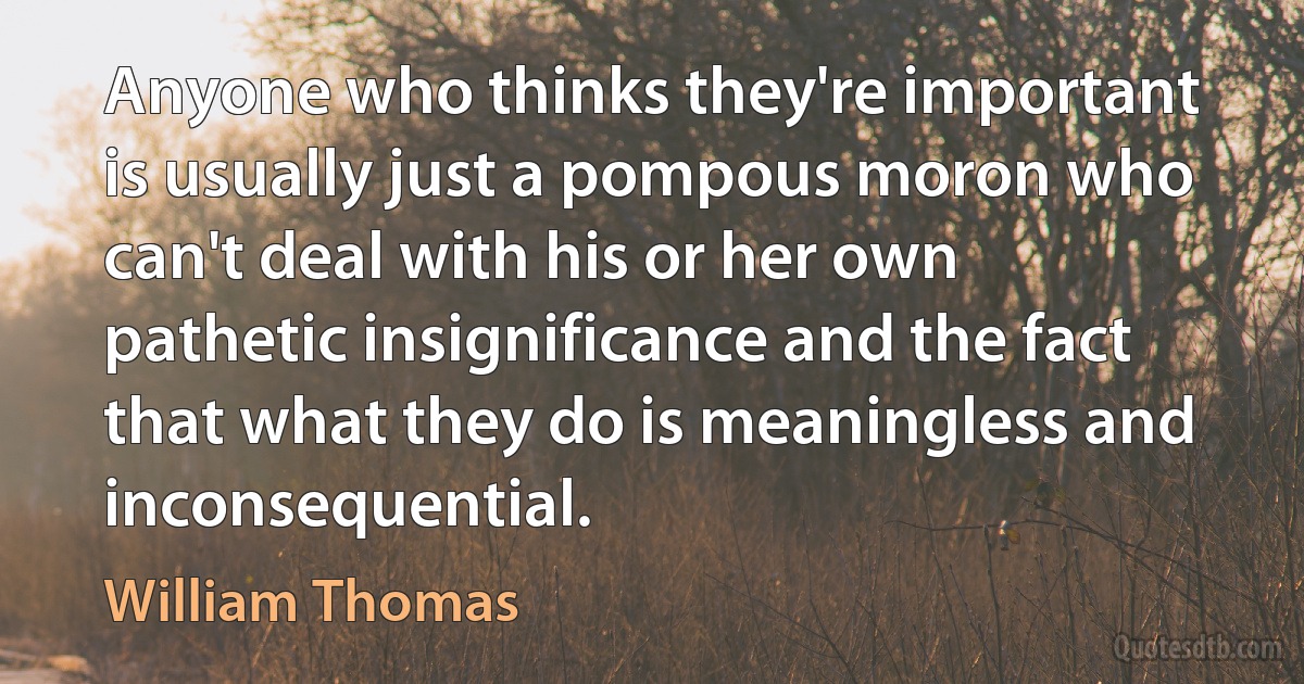 Anyone who thinks they're important is usually just a pompous moron who can't deal with his or her own pathetic insignificance and the fact that what they do is meaningless and inconsequential. (William Thomas)