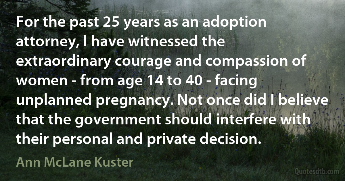 For the past 25 years as an adoption attorney, I have witnessed the extraordinary courage and compassion of women - from age 14 to 40 - facing unplanned pregnancy. Not once did I believe that the government should interfere with their personal and private decision. (Ann McLane Kuster)