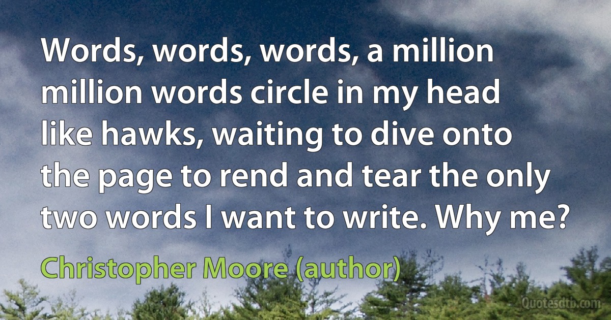 Words, words, words, a million million words circle in my head like hawks, waiting to dive onto the page to rend and tear the only two words I want to write. Why me? (Christopher Moore (author))