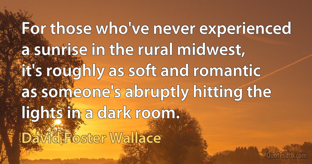 For those who've never experienced a sunrise in the rural midwest, it's roughly as soft and romantic as someone's abruptly hitting the lights in a dark room. (David Foster Wallace)