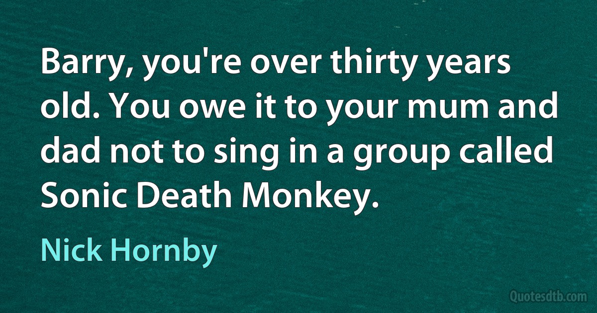 Barry, you're over thirty years old. You owe it to your mum and dad not to sing in a group called Sonic Death Monkey. (Nick Hornby)