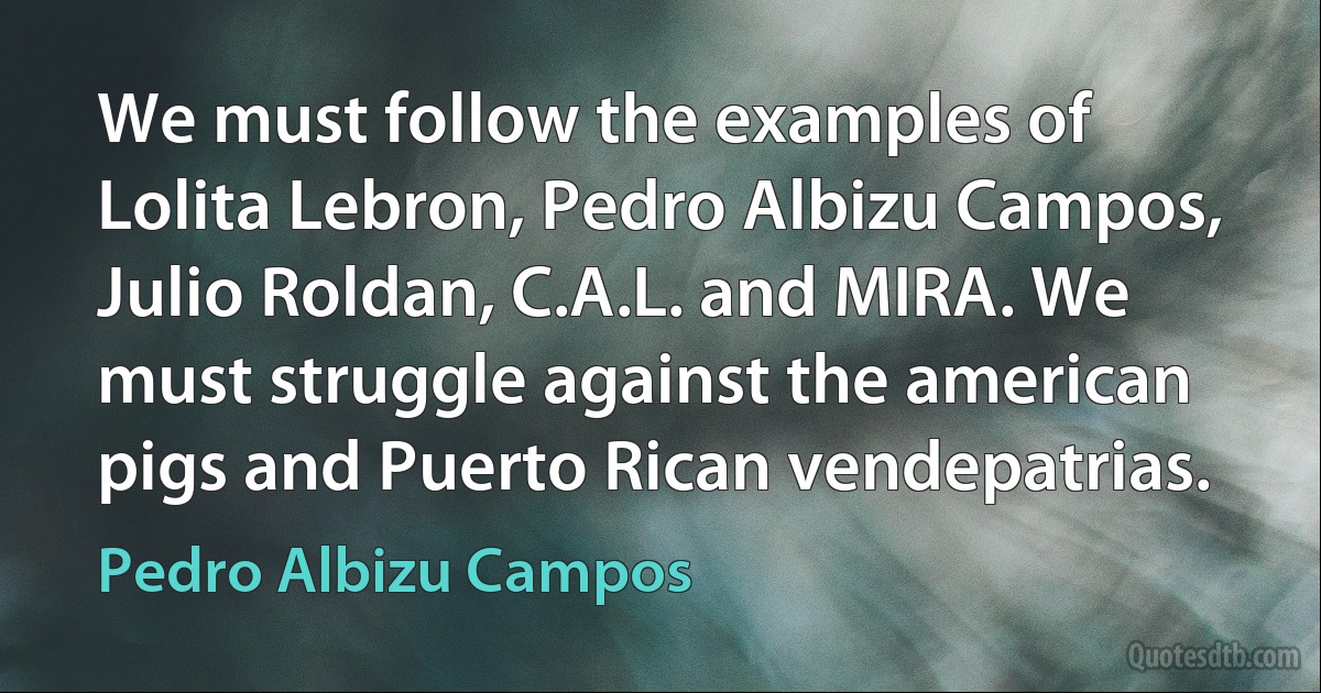 We must follow the examples of Lolita Lebron, Pedro Albizu Campos, Julio Roldan, C.A.L. and MIRA. We must struggle against the american pigs and Puerto Rican vendepatrias. (Pedro Albizu Campos)