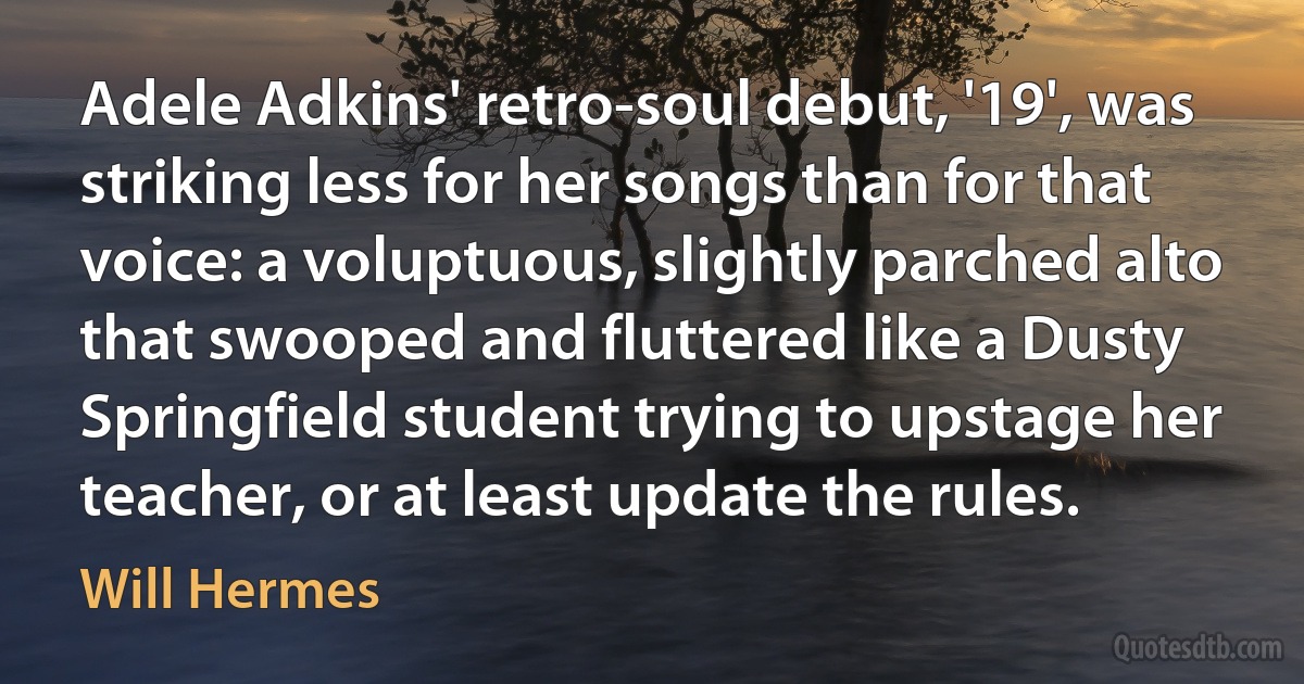 Adele Adkins' retro-soul debut, '19', was striking less for her songs than for that voice: a voluptuous, slightly parched alto that swooped and fluttered like a Dusty Springfield student trying to upstage her teacher, or at least update the rules. (Will Hermes)