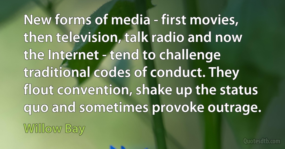 New forms of media - first movies, then television, talk radio and now the Internet - tend to challenge traditional codes of conduct. They flout convention, shake up the status quo and sometimes provoke outrage. (Willow Bay)