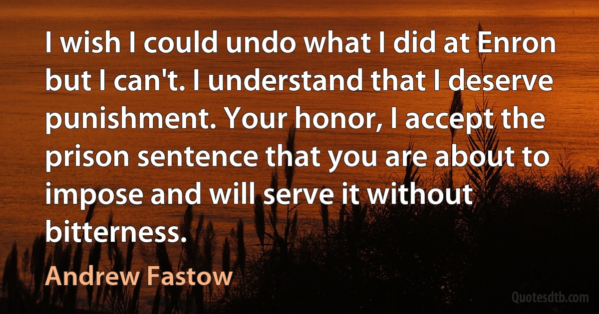 I wish I could undo what I did at Enron but I can't. I understand that I deserve punishment. Your honor, I accept the prison sentence that you are about to impose and will serve it without bitterness. (Andrew Fastow)