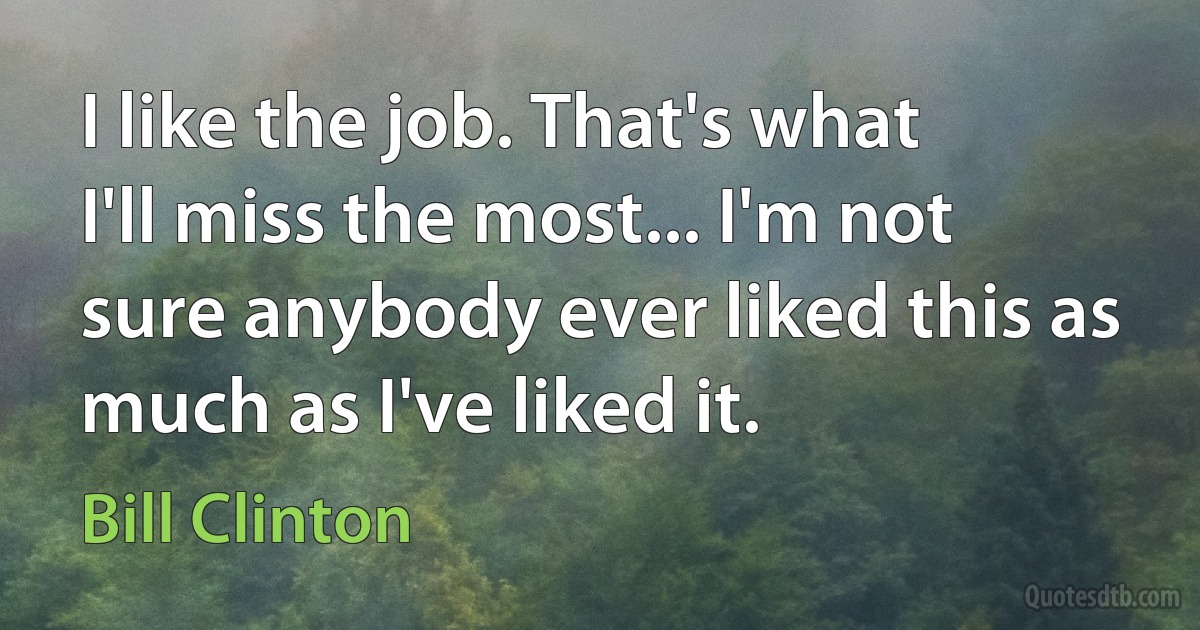 I like the job. That's what I'll miss the most... I'm not sure anybody ever liked this as much as I've liked it. (Bill Clinton)