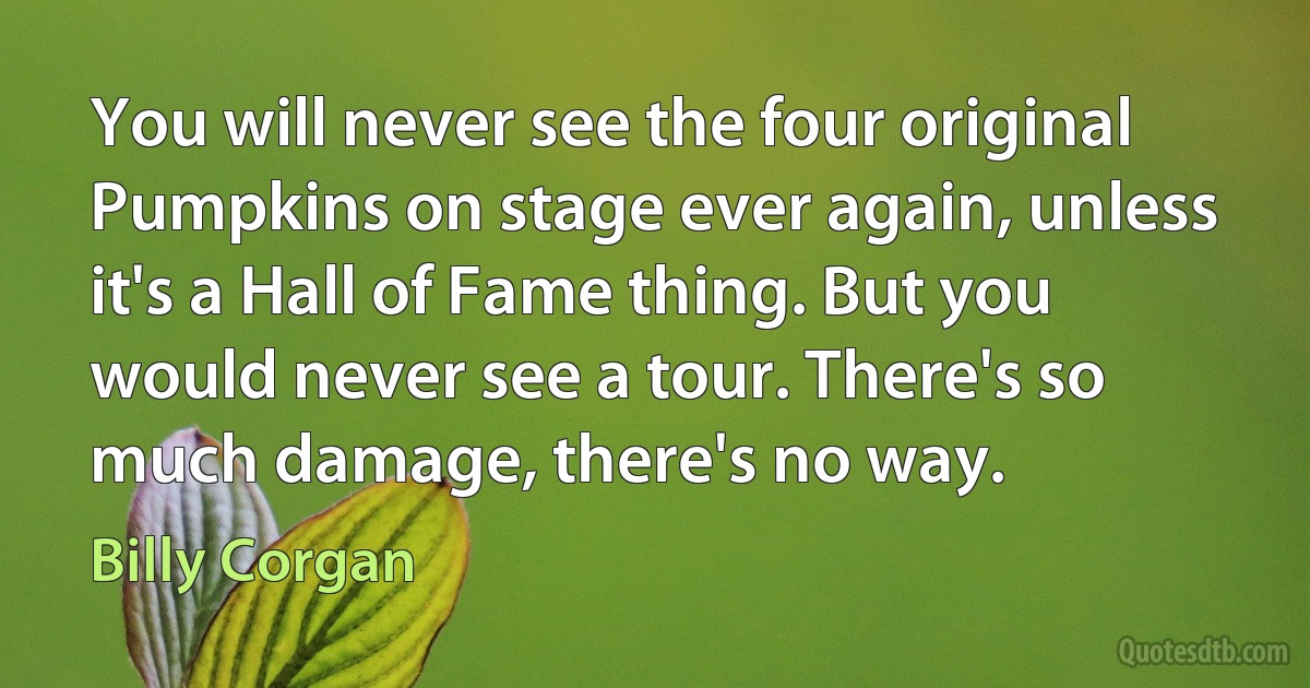 You will never see the four original Pumpkins on stage ever again, unless it's a Hall of Fame thing. But you would never see a tour. There's so much damage, there's no way. (Billy Corgan)