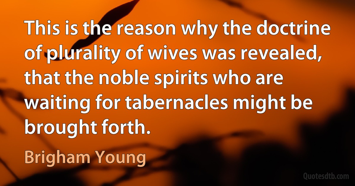 This is the reason why the doctrine of plurality of wives was revealed, that the noble spirits who are waiting for tabernacles might be brought forth. (Brigham Young)