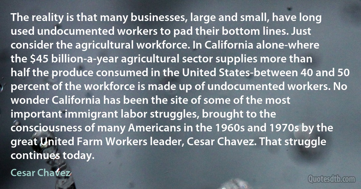 The reality is that many businesses, large and small, have long used undocumented workers to pad their bottom lines. Just consider the agricultural workforce. In California alone-where the $45 billion-a-year agricultural sector supplies more than half the produce consumed in the United States-between 40 and 50 percent of the workforce is made up of undocumented workers. No wonder California has been the site of some of the most important immigrant labor struggles, brought to the consciousness of many Americans in the 1960s and 1970s by the great United Farm Workers leader, Cesar Chavez. That struggle continues today. (Cesar Chavez)