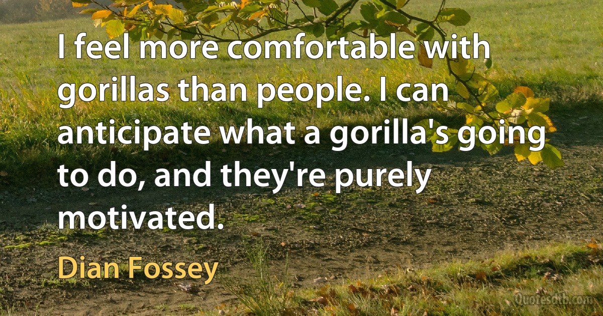 I feel more comfortable with gorillas than people. I can anticipate what a gorilla's going to do, and they're purely motivated. (Dian Fossey)