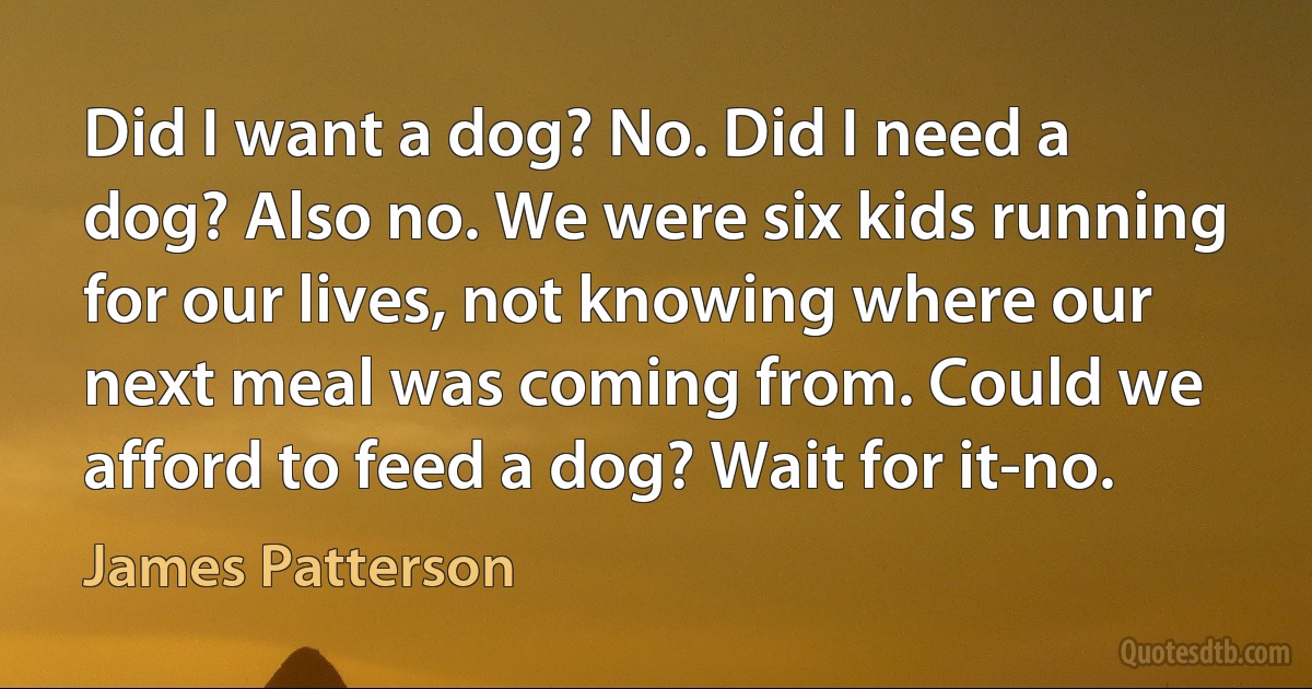 Did I want a dog? No. Did I need a dog? Also no. We were six kids running for our lives, not knowing where our next meal was coming from. Could we afford to feed a dog? Wait for it-no. (James Patterson)