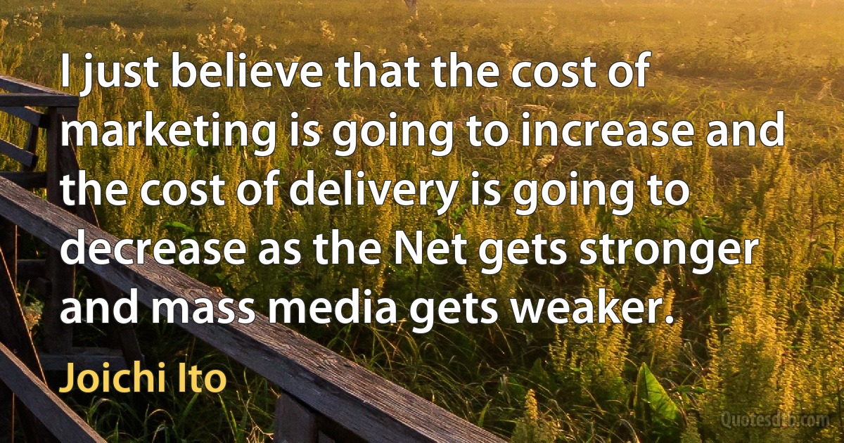 I just believe that the cost of marketing is going to increase and the cost of delivery is going to decrease as the Net gets stronger and mass media gets weaker. (Joichi Ito)