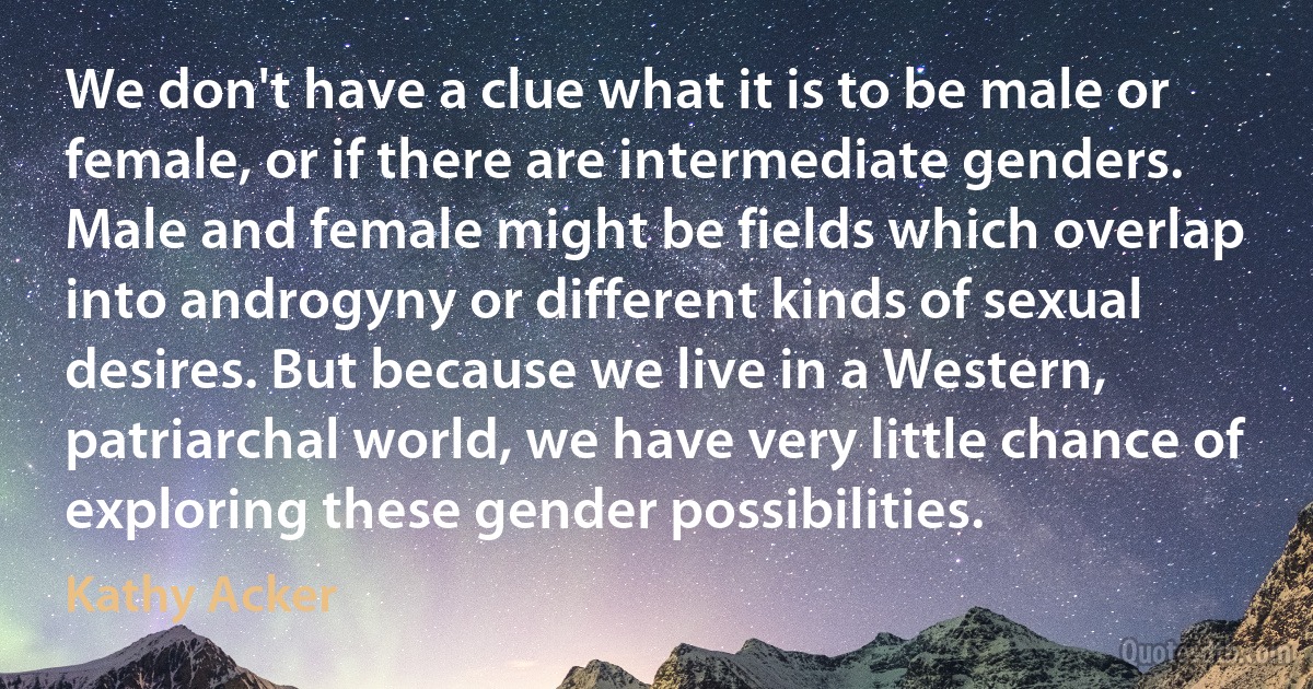 We don't have a clue what it is to be male or female, or if there are intermediate genders. Male and female might be fields which overlap into androgyny or different kinds of sexual desires. But because we live in a Western, patriarchal world, we have very little chance of exploring these gender possibilities. (Kathy Acker)