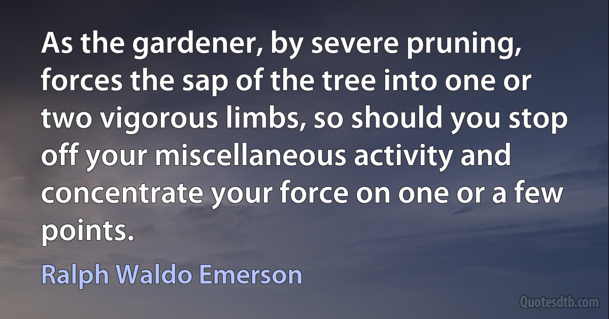 As the gardener, by severe pruning, forces the sap of the tree into one or two vigorous limbs, so should you stop off your miscellaneous activity and concentrate your force on one or a few points. (Ralph Waldo Emerson)