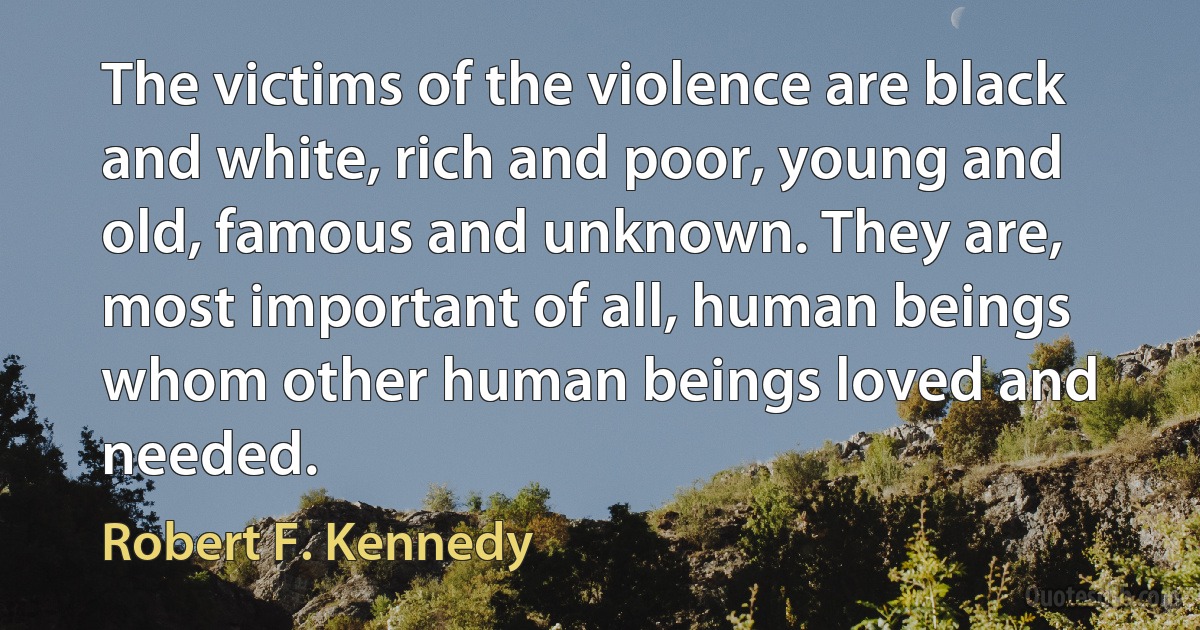 The victims of the violence are black and white, rich and poor, young and old, famous and unknown. They are, most important of all, human beings whom other human beings loved and needed. (Robert F. Kennedy)