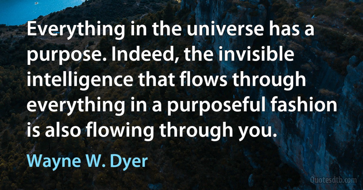 Everything in the universe has a purpose. Indeed, the invisible intelligence that flows through everything in a purposeful fashion is also flowing through you. (Wayne W. Dyer)