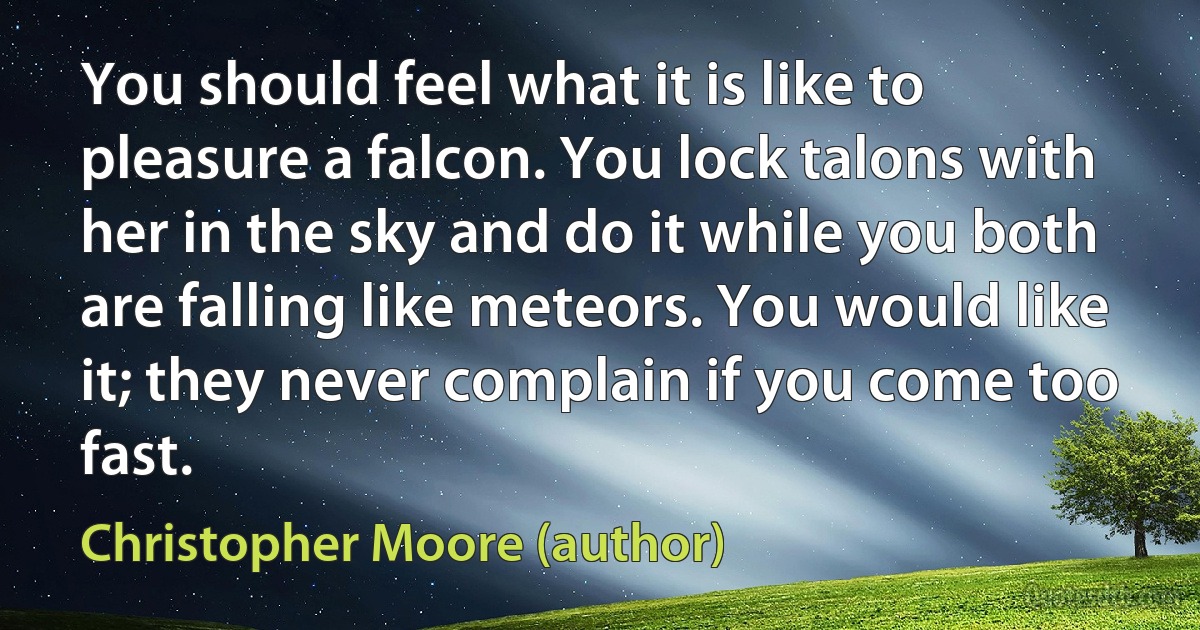 You should feel what it is like to pleasure a falcon. You lock talons with her in the sky and do it while you both are falling like meteors. You would like it; they never complain if you come too fast. (Christopher Moore (author))